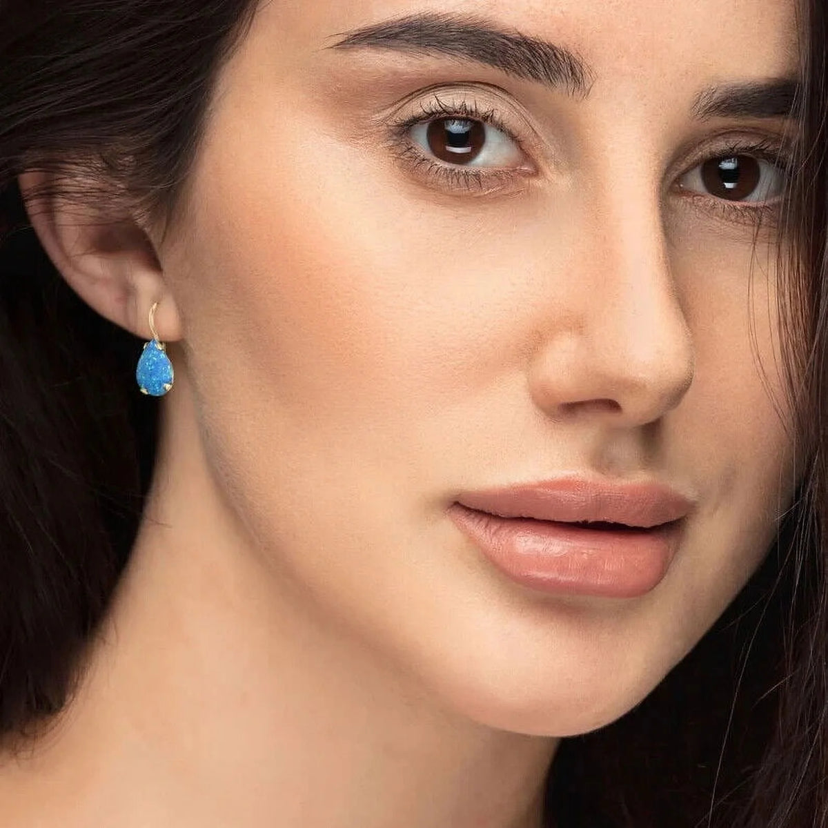 14K Yellow Gold Pear Cut Blue Opal Gemstone Teardrop Earrings W621013