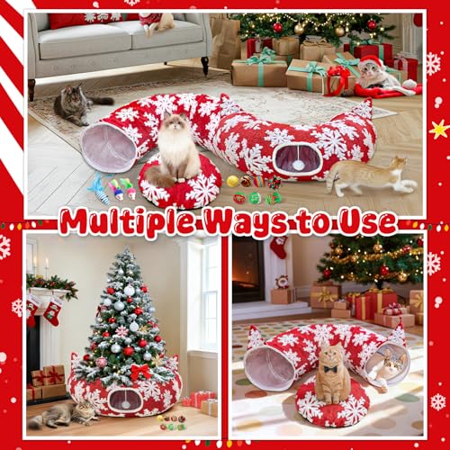 Red Snowflake Cat Tunnel with Washable Mat & 11Pcs Cat Toys B734010