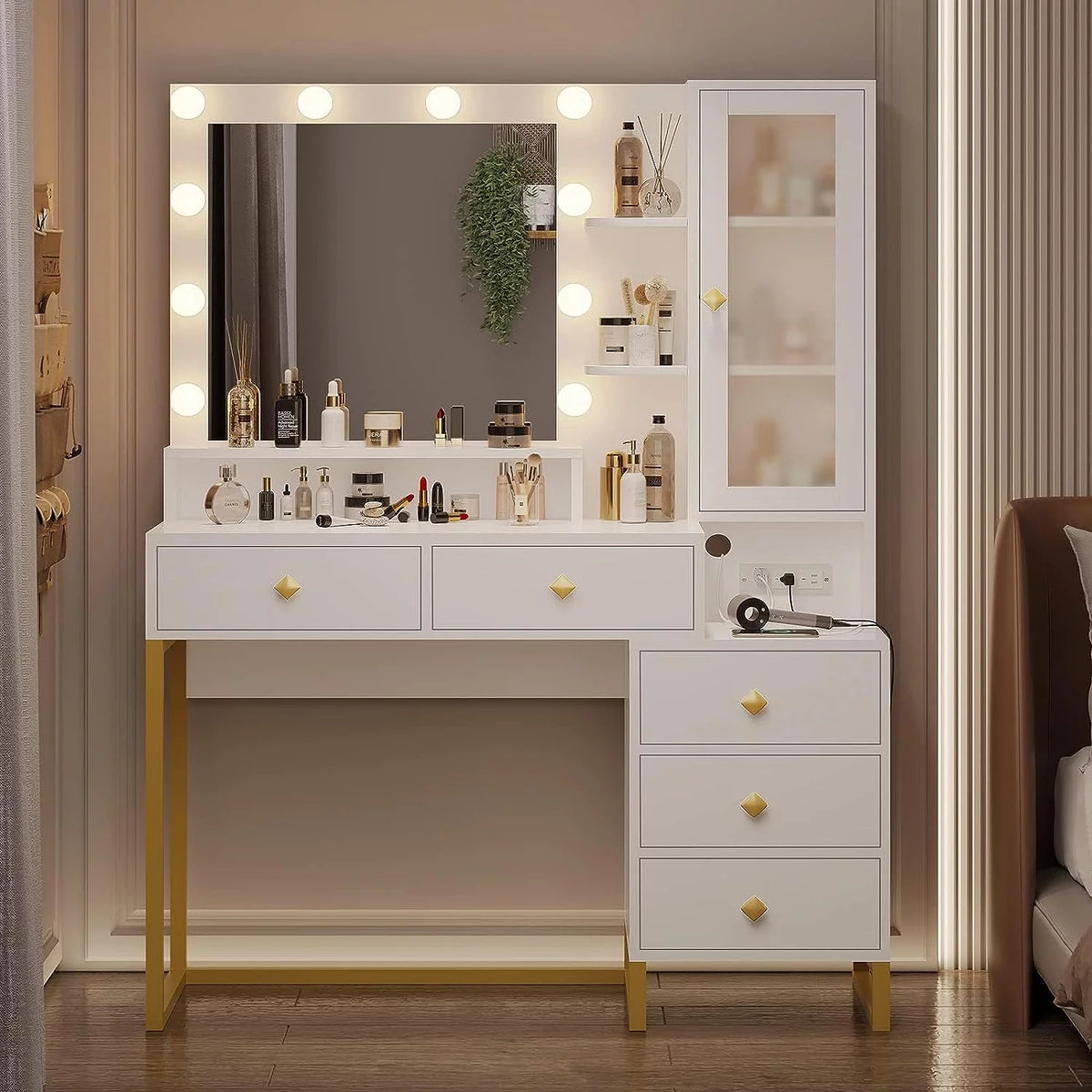 White Makeup Vanity with Lights and 5 Drawers F23083