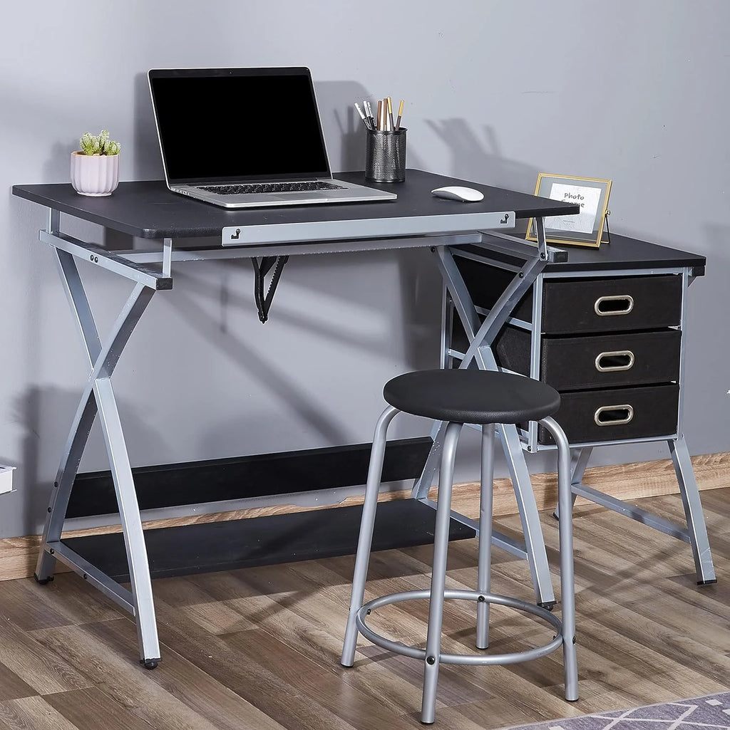 Adjustable Drafting Table with Stool and Storage Drawers, Black C15592