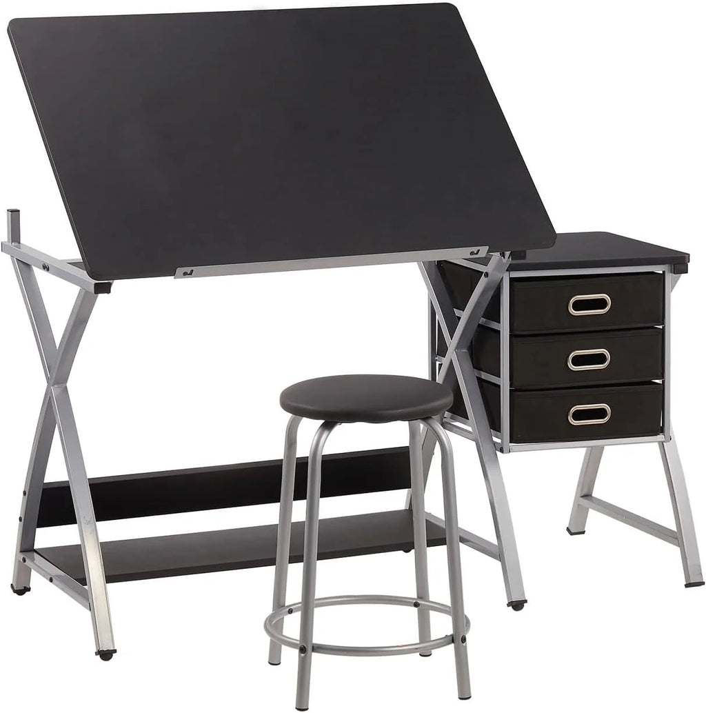 Adjustable Drafting Table with Stool and Storage Drawers, Black C15592