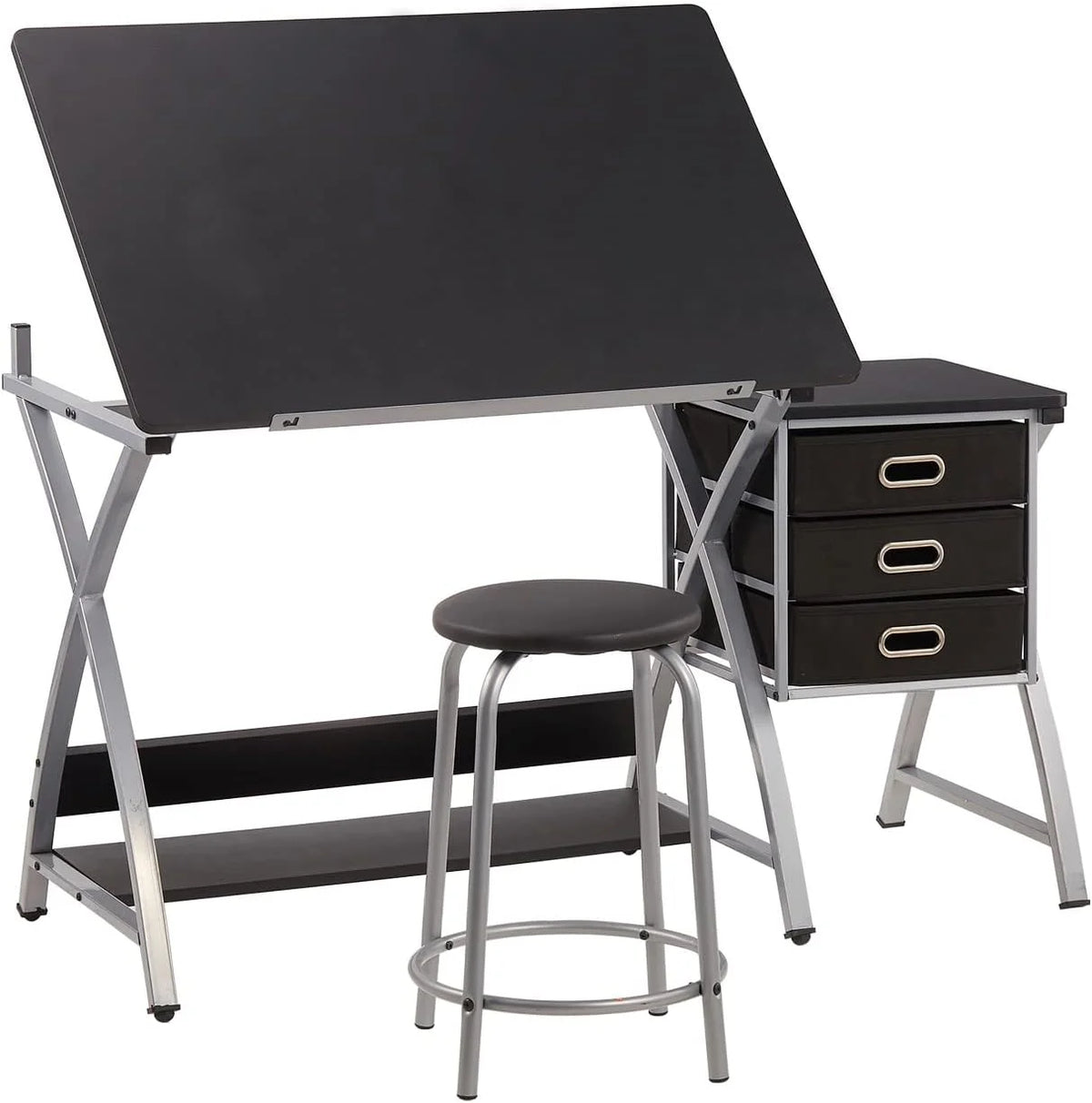 Adjustable Drafting Table with Stool and Storage Drawers, Black C15592