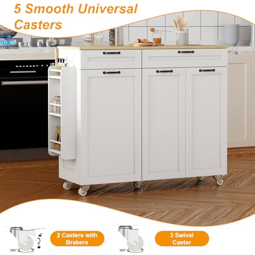 Rolling Kitchen Island with Power Outlet & Drop Leaf, Trash Storage Cabinet, Spice Rack & Towel Rack, Knife Holder B2008