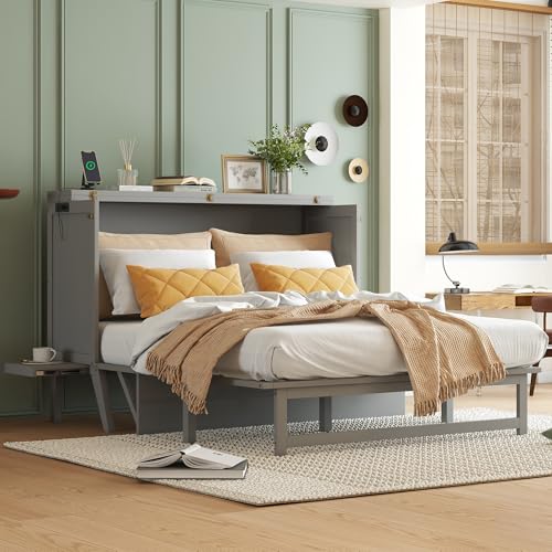 Queen Size Grey Murphy Bed with Charging Station and Drawers Z87814