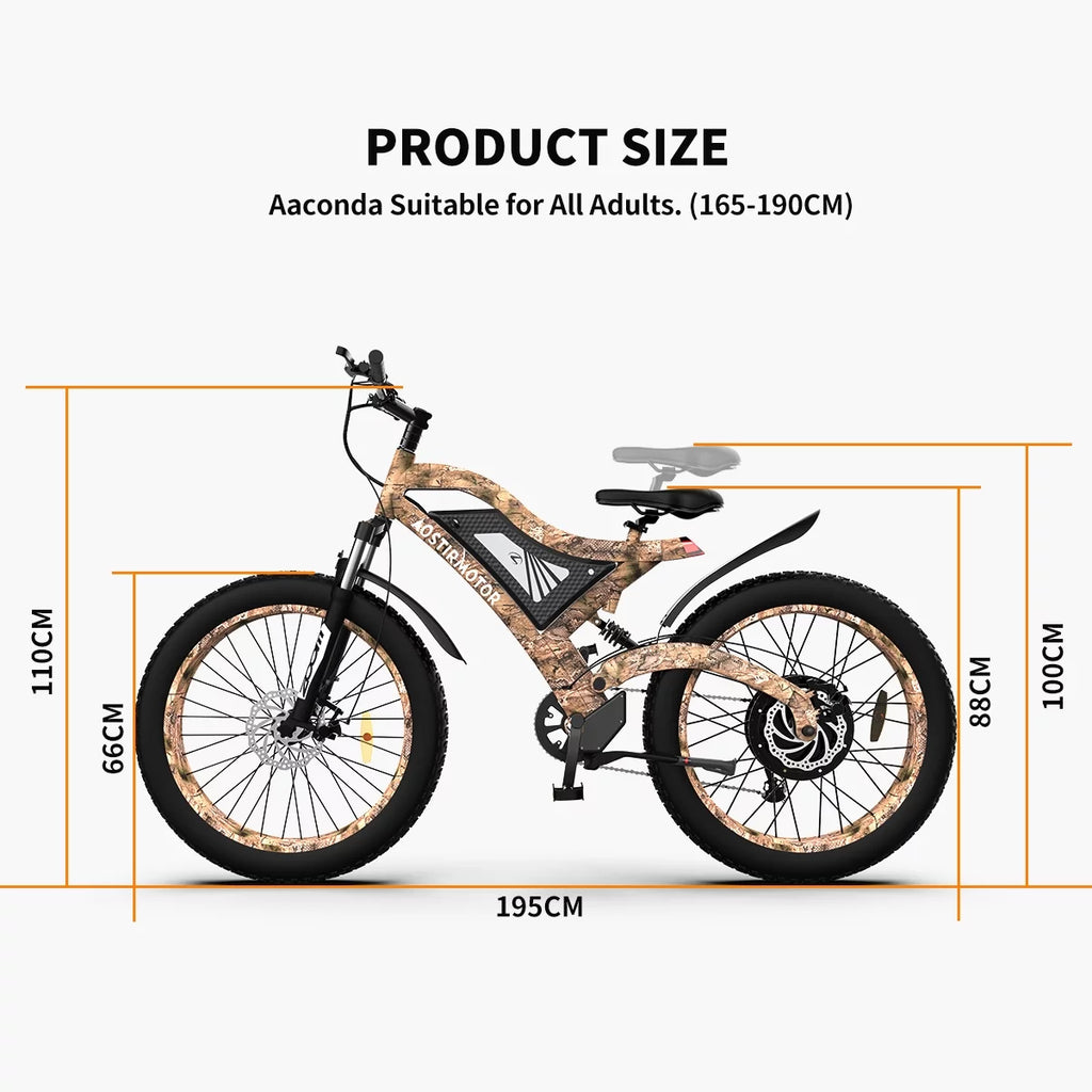 26 1500W Fat Tire Electric Bike 48V 15AH Removable Lithium Battery Full Suspension Mountain Bicycle T9052
