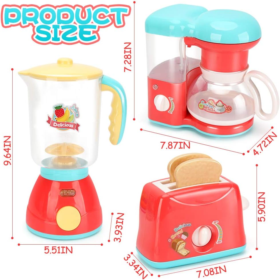 Kids Assorted Kitchen Appliance Toys, Pretend Kitchen Toy Set Includes Coffee Maker, Blender and Toaster, Cutting Play Food and Kitchen Utensils Accessories Q9317