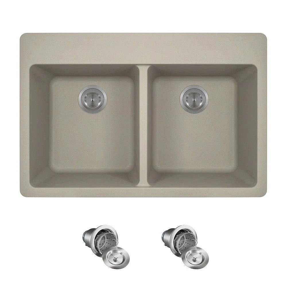 Quartz Granite Double Basin Drop-In Kitchen Sink with Basket Strainers Y30421