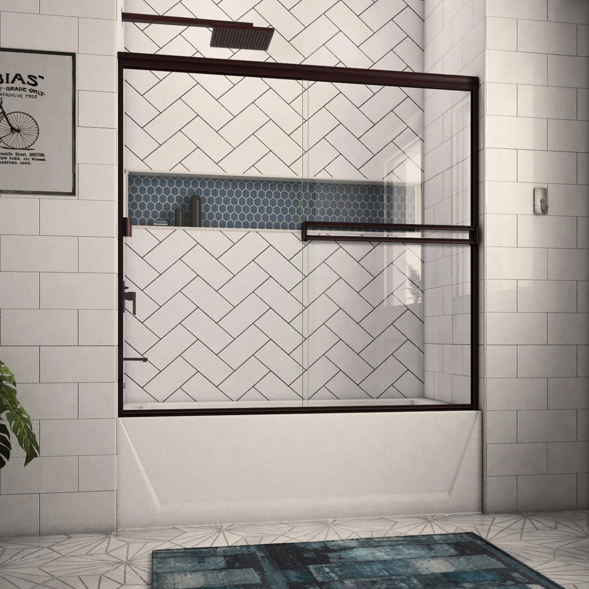 52-in to 56-in Frameless Oil-Rubbed Bronze Sliding Shower Door E604949