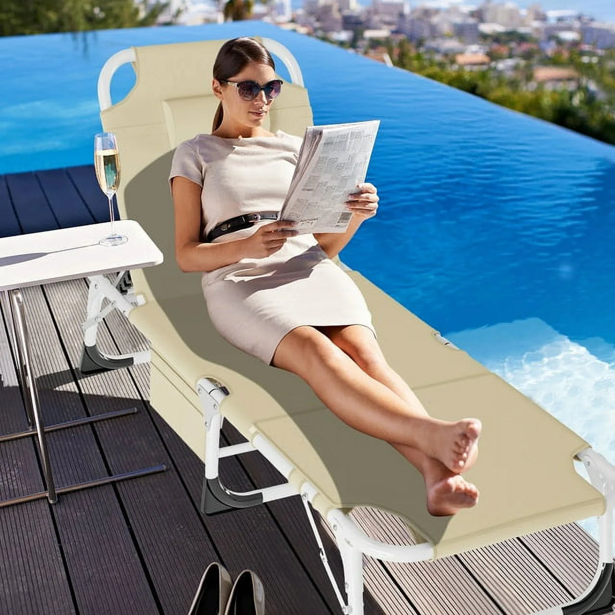 Heavy Duty Tanning Chair with Face & Arm Holes Adjustable 5-Position Folding Chaise Lounge Chair M556