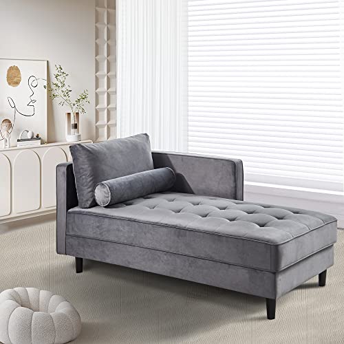 64" Upholstered Velvet Chaise Lounge with Left Armrest & Lumbar Pillow Z93961