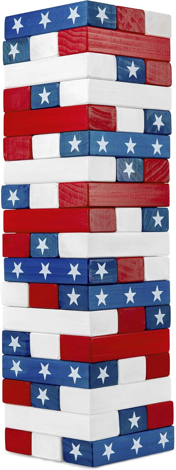Large American Flag Tumbling Tower 54pc Wooden Toppling Blocks Stacking Yard Game with Storage Carry Bag B569837