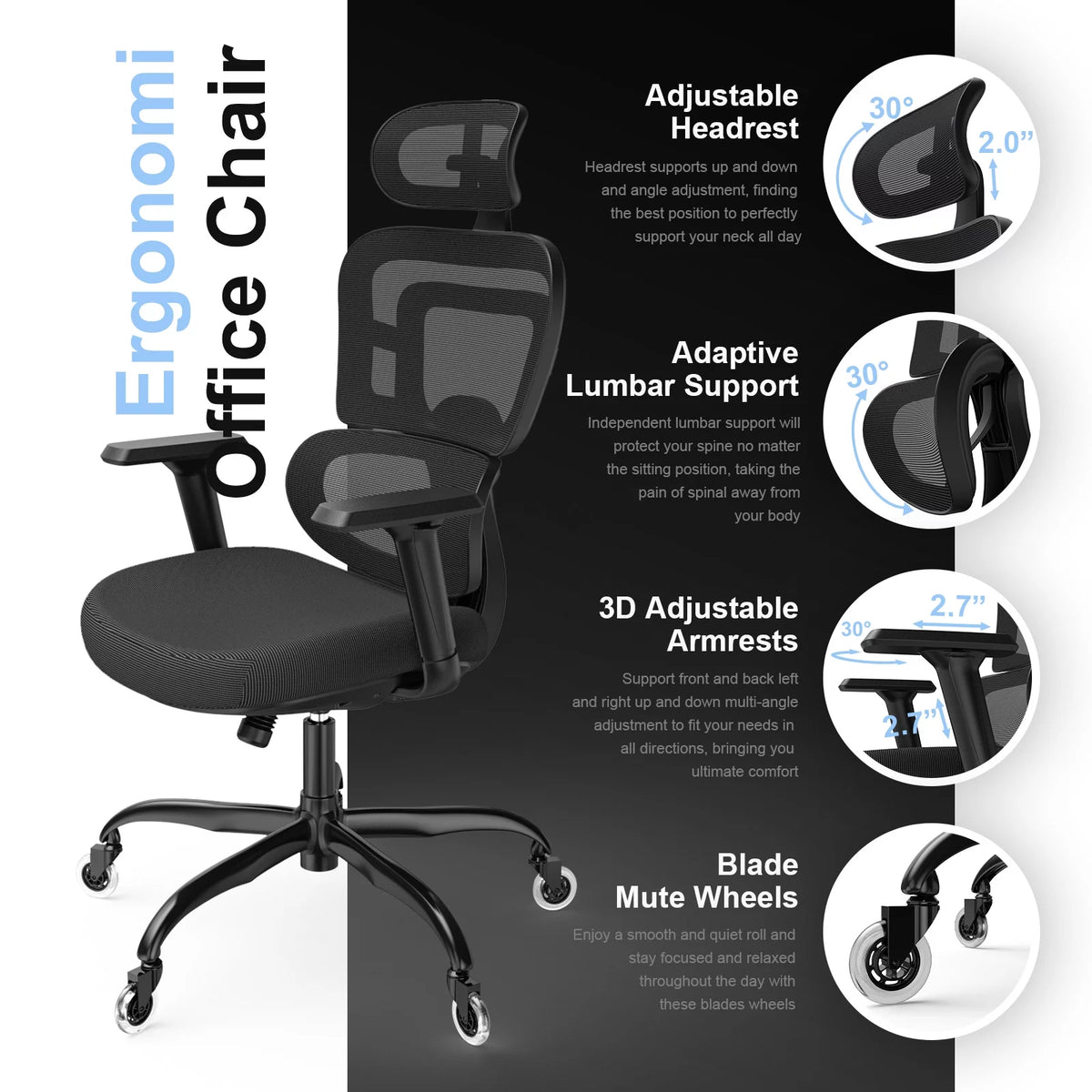 Black Ergonomic Mesh Office Chair with Lumbar Support and Wheels G495