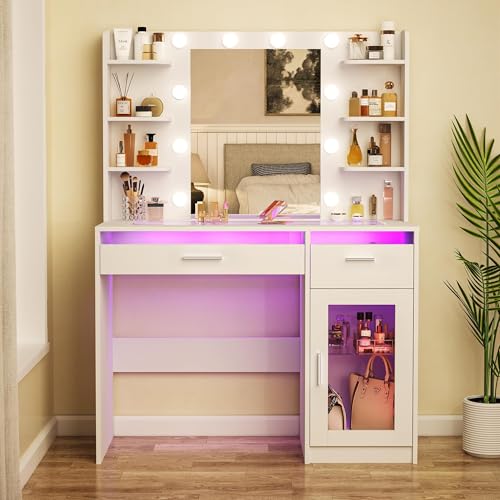 White Vanity Desk with Mirror and Lights J6379