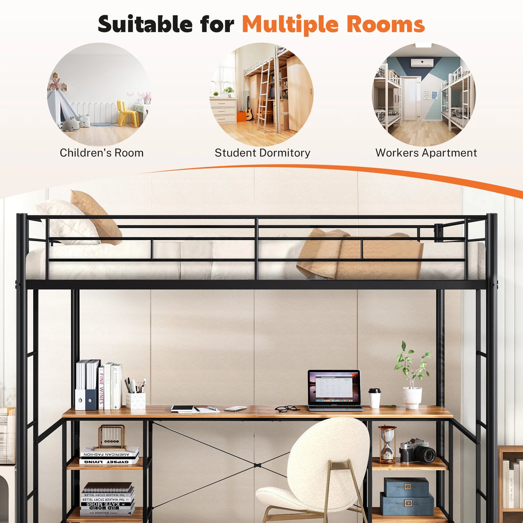 Black Twin Metal Loft Bed with Desk and 4 Shelves T685