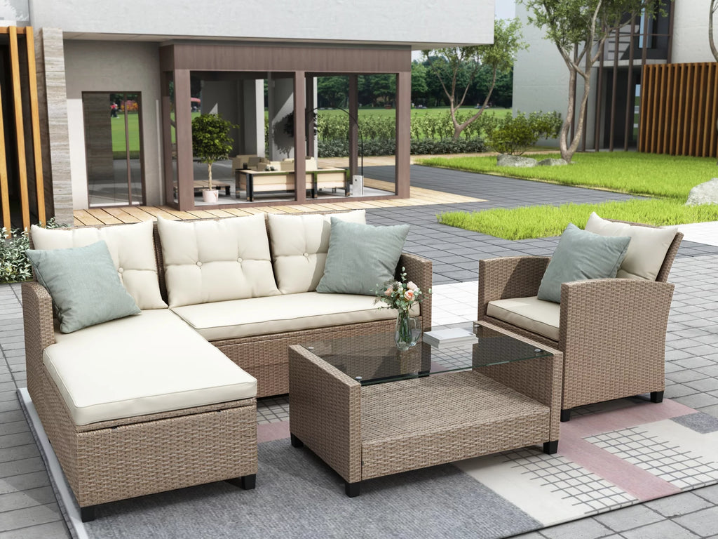 Beige Brown 4 Piece Wicker Rattan Sectional Sofa U88446