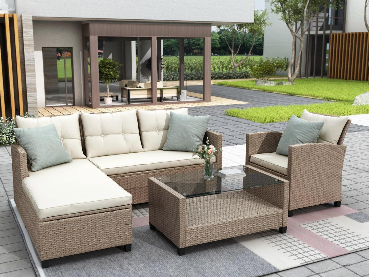 Beige Brown 4 Piece Wicker Rattan Sectional Sofa U88446