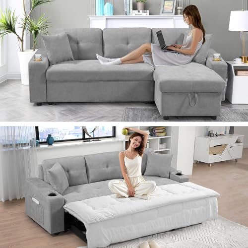 92" Reversible Sleeper Sectional Sofa with Storage Chaise, Light Gray Linen Fabric I28370