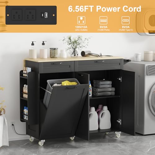 Rolling Kitchen Island with Power Outlet & Drop Leaf, Trash Storage Cabinet, Spice Rack & Towel Rack, Knife Holder B2008