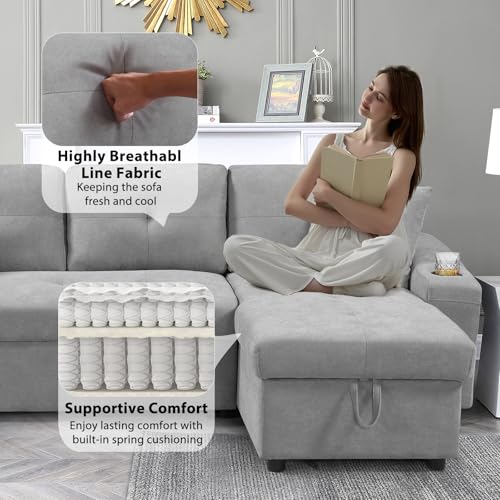 92" Reversible Sleeper Sectional Sofa with Storage Chaise, Light Gray Linen Fabric I28370