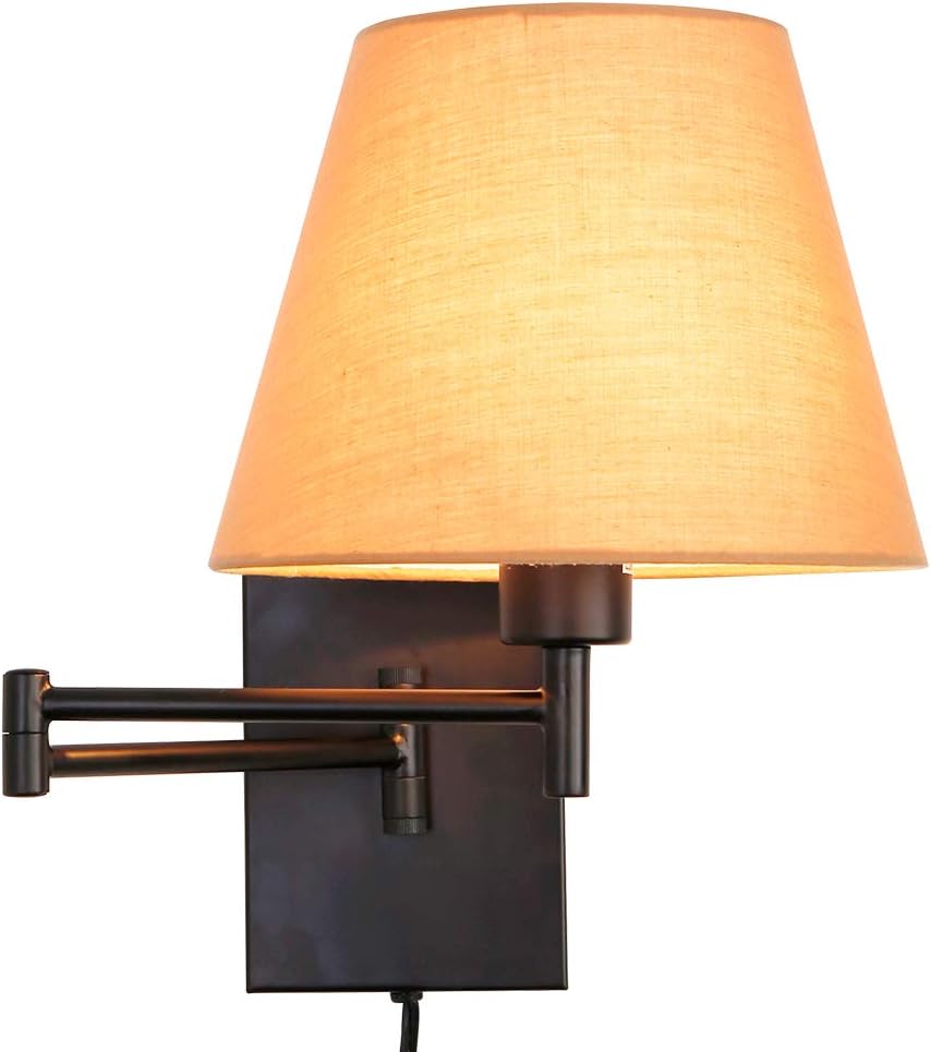 Swing Arm Wall Lamp Plug-in Cord Linen Shade W30029