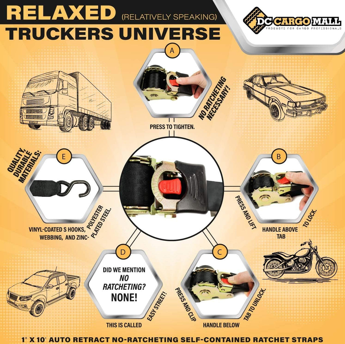 2 Auto Retract Ratchet Straps 1 x 10' Retractable Cargo Tie-Downs C978439