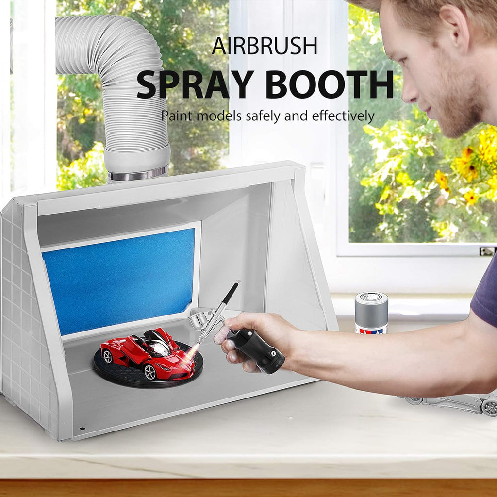 Gray Portable Airbrush Paint Spray Booth Kit with LED Lights Turn Table and Filter Hose A157932