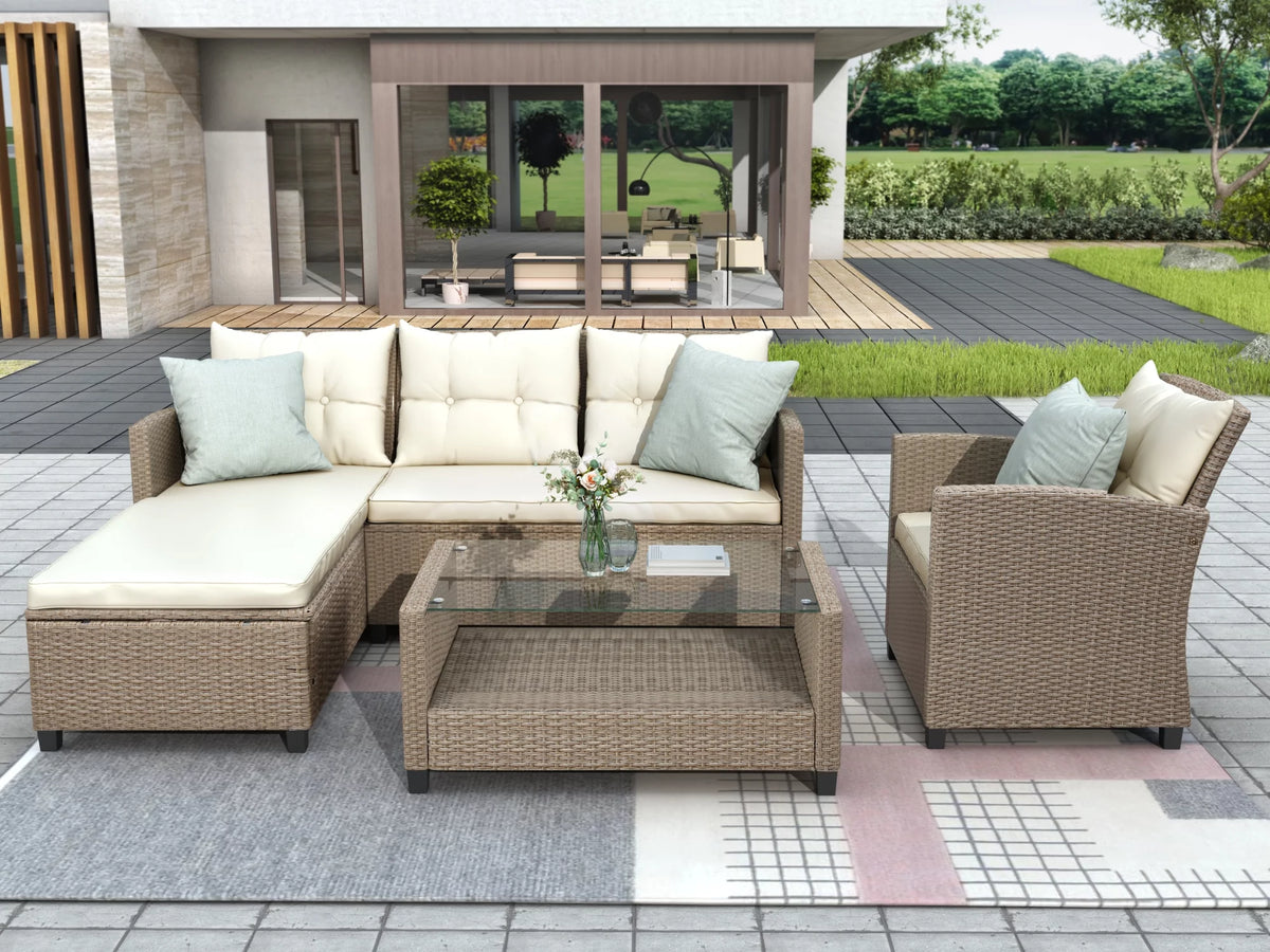 Beige Brown 4 Piece Wicker Rattan Sectional Sofa U88446