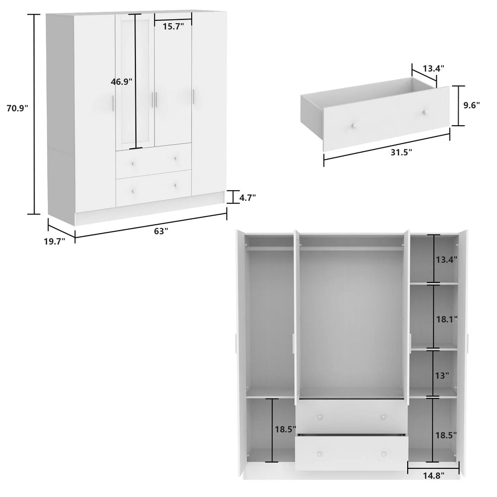 White 4 Door 2 Drawer Wooden Wardrobe with Mirror N114