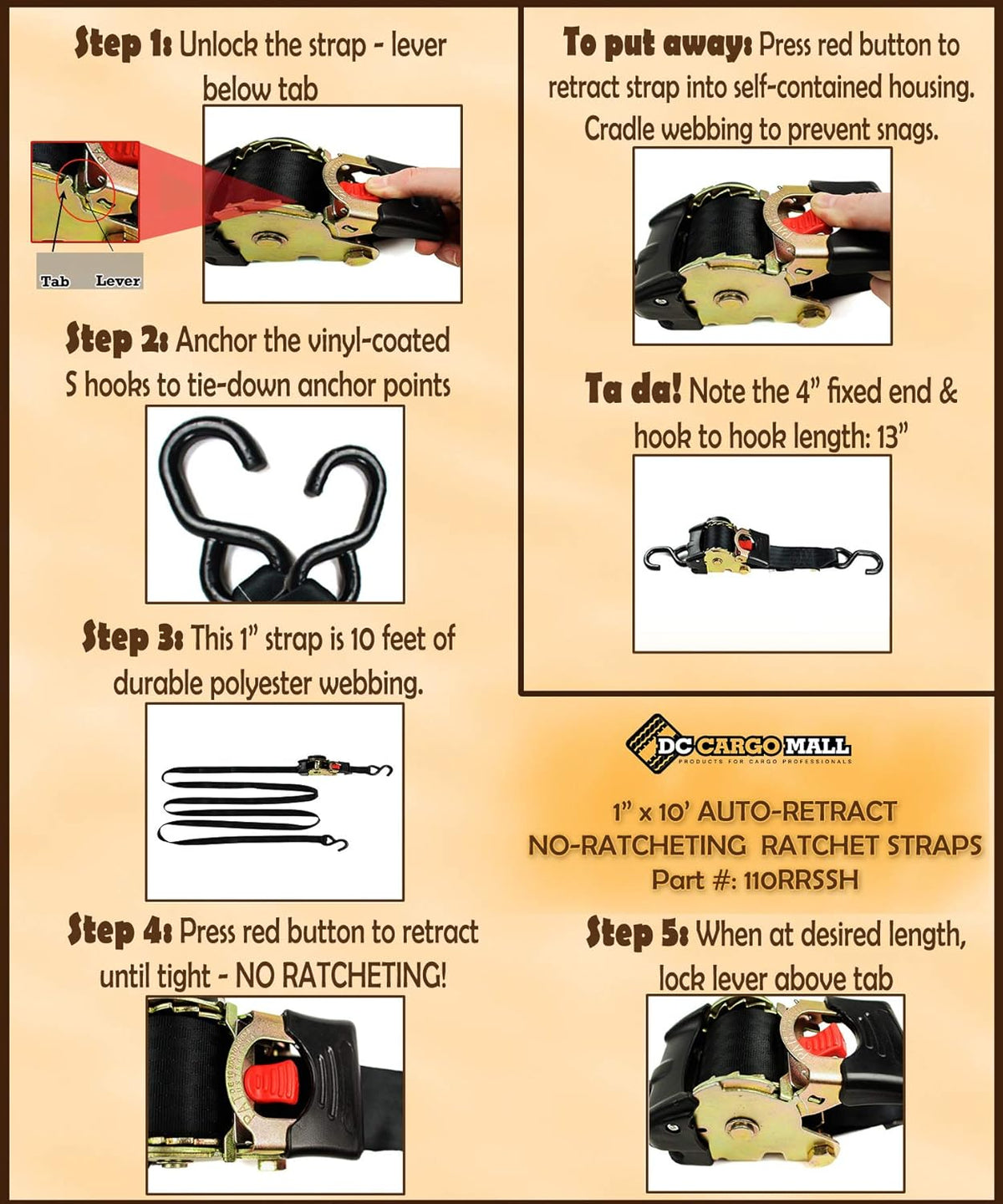 2 Auto Retract Ratchet Straps 1 x 10' Retractable Cargo Tie-Downs C978439