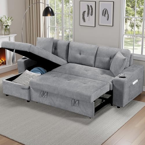 92" Reversible Sleeper Sectional Sofa with Storage Chaise, Light Gray Linen Fabric I28370