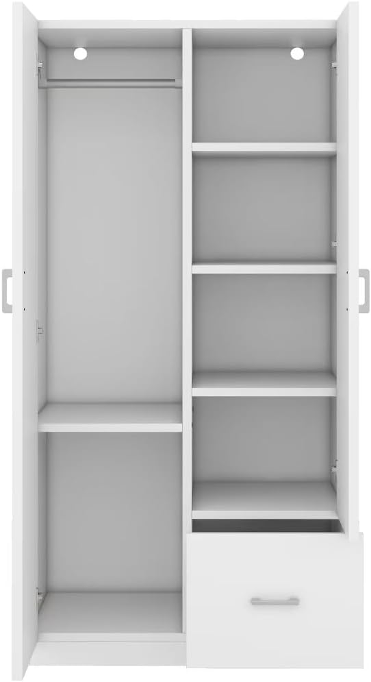 White 2 Door Wood Wardrobe with 5 Fixed Shelves and Hanging Rod Q875136