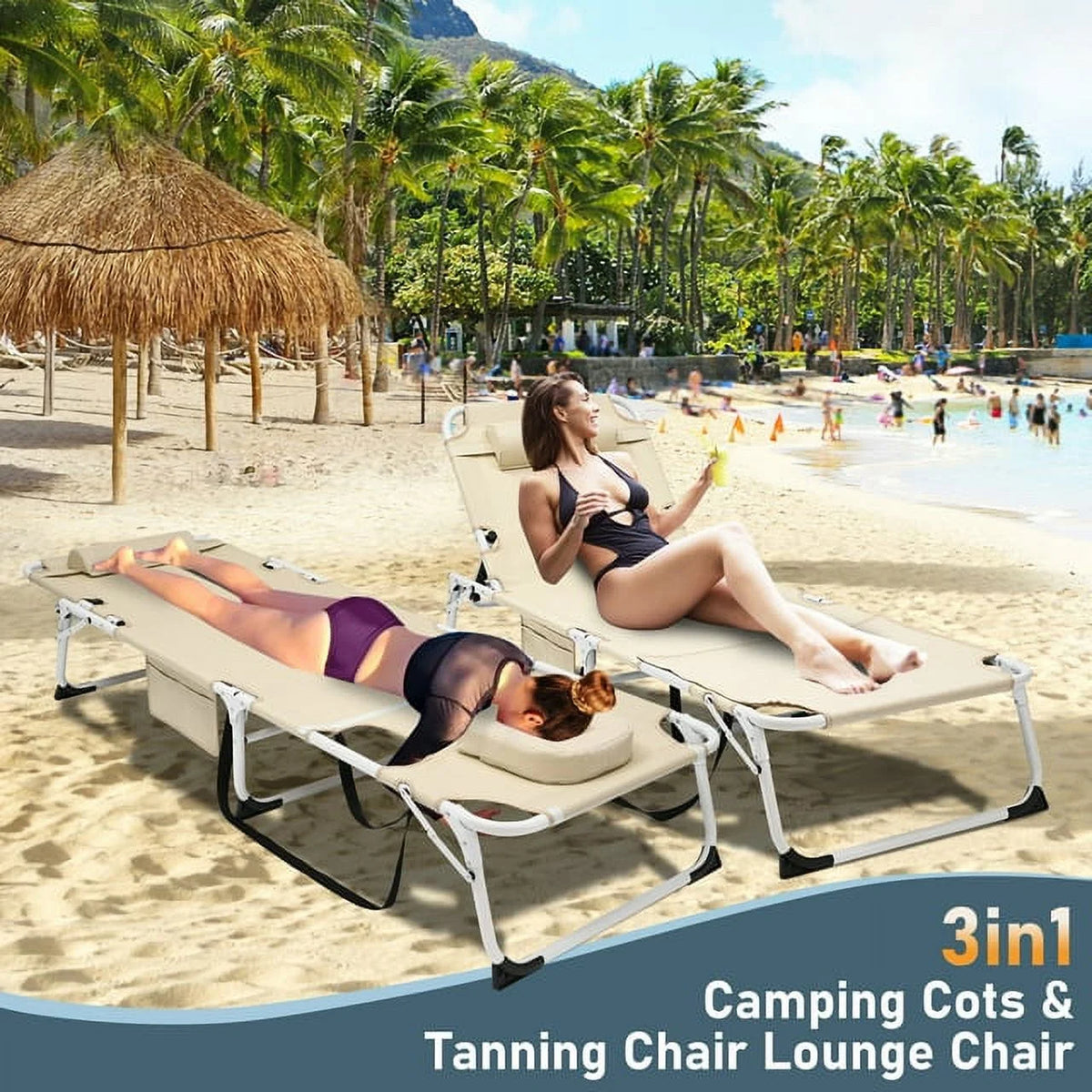 Heavy Duty Tanning Chair with Face & Arm Holes Adjustable 5-Position Folding Chaise Lounge Chair M556