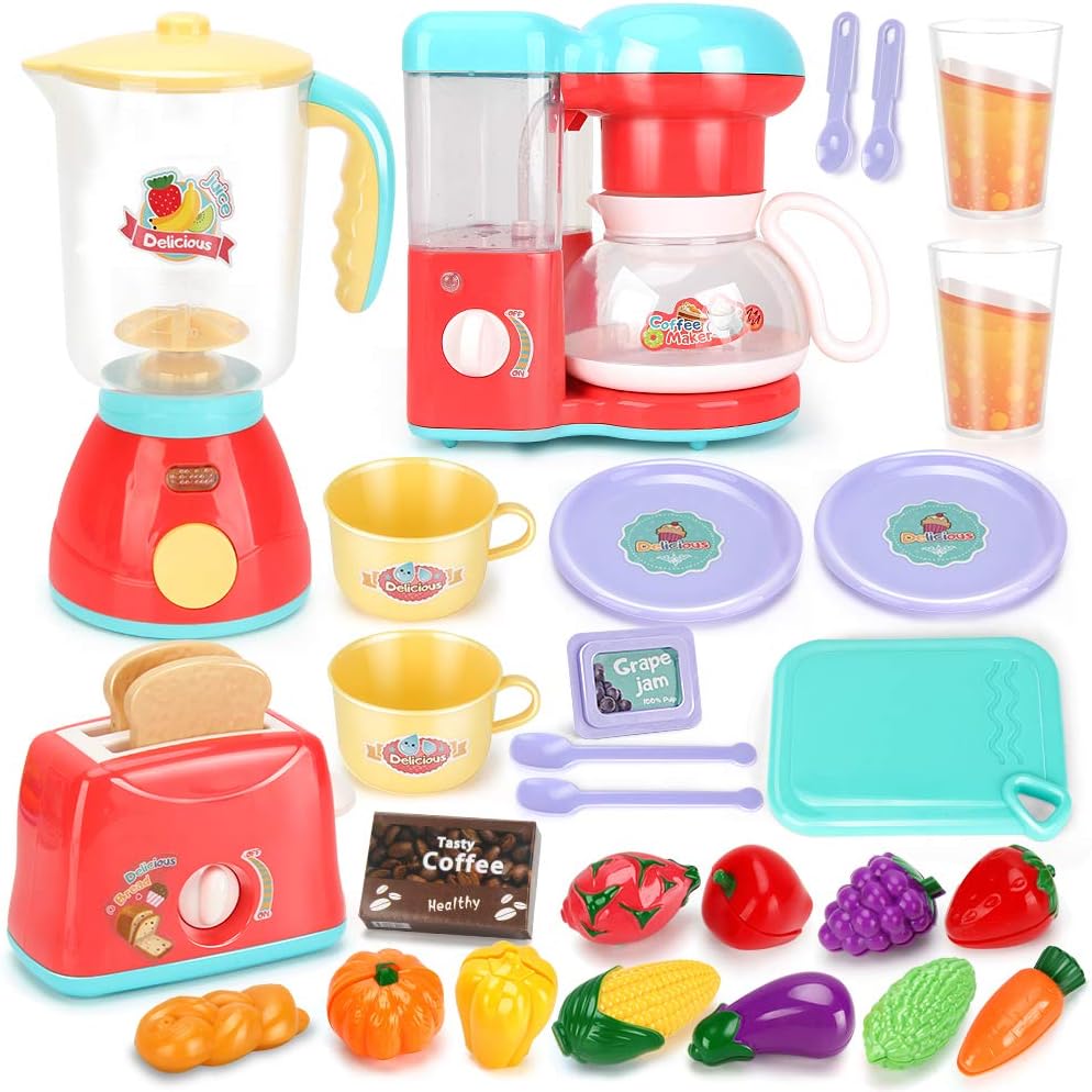 Kids Assorted Kitchen Appliance Toys, Pretend Kitchen Toy Set Includes Coffee Maker, Blender and Toaster, Cutting Play Food and Kitchen Utensils Accessories Q9317