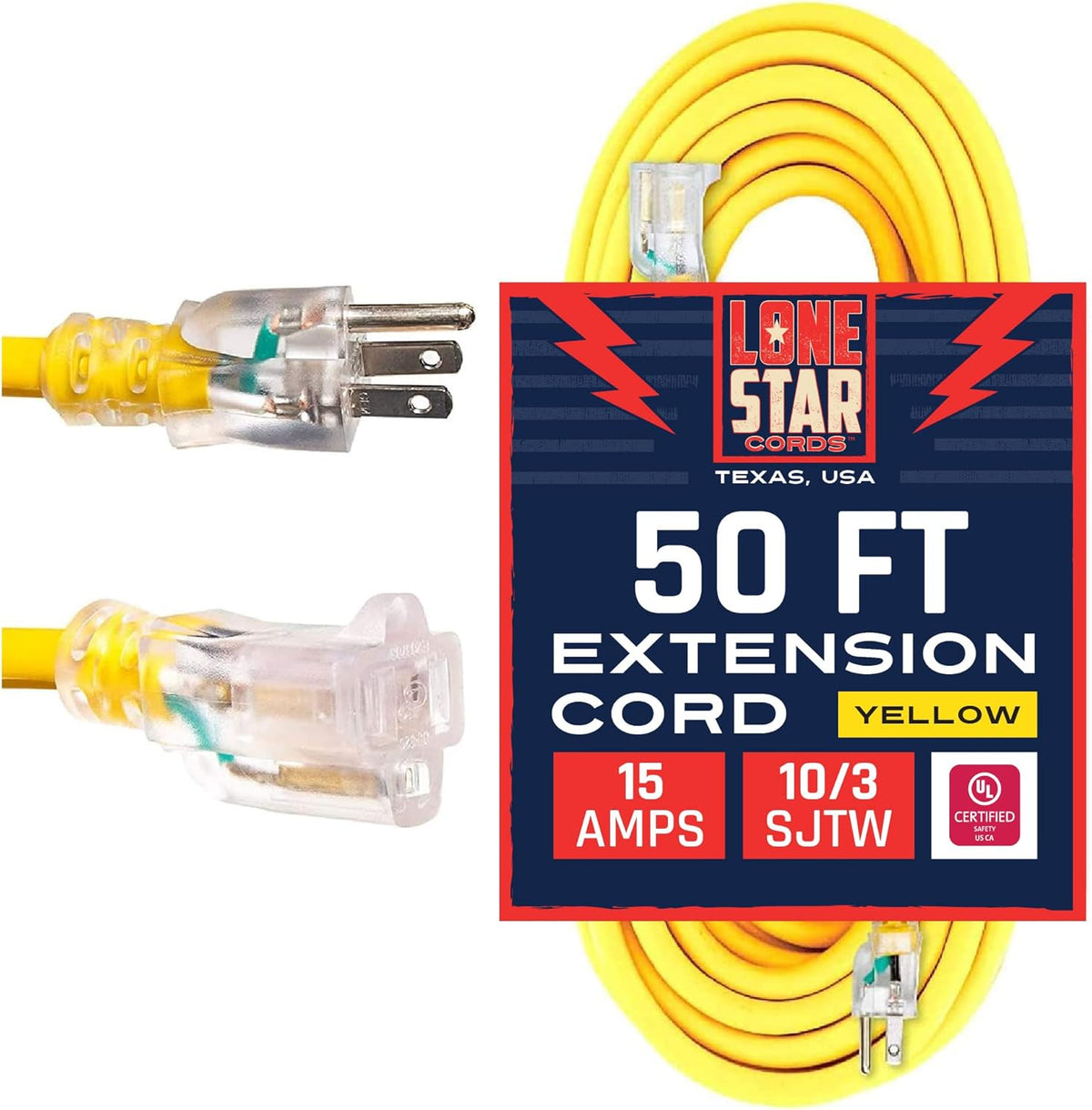 100 Foot 10/3 SJTW Lighted Extension Cord Yellow 3 Prong Grounded Plug 10 Gauge Pack of 2 H568