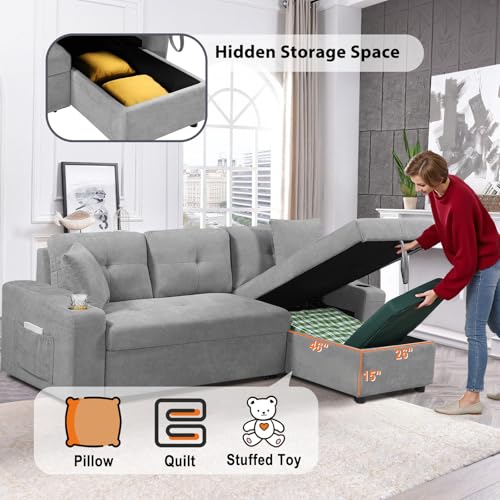 92" Reversible Sleeper Sectional Sofa with Storage Chaise, Light Gray Linen Fabric I28370