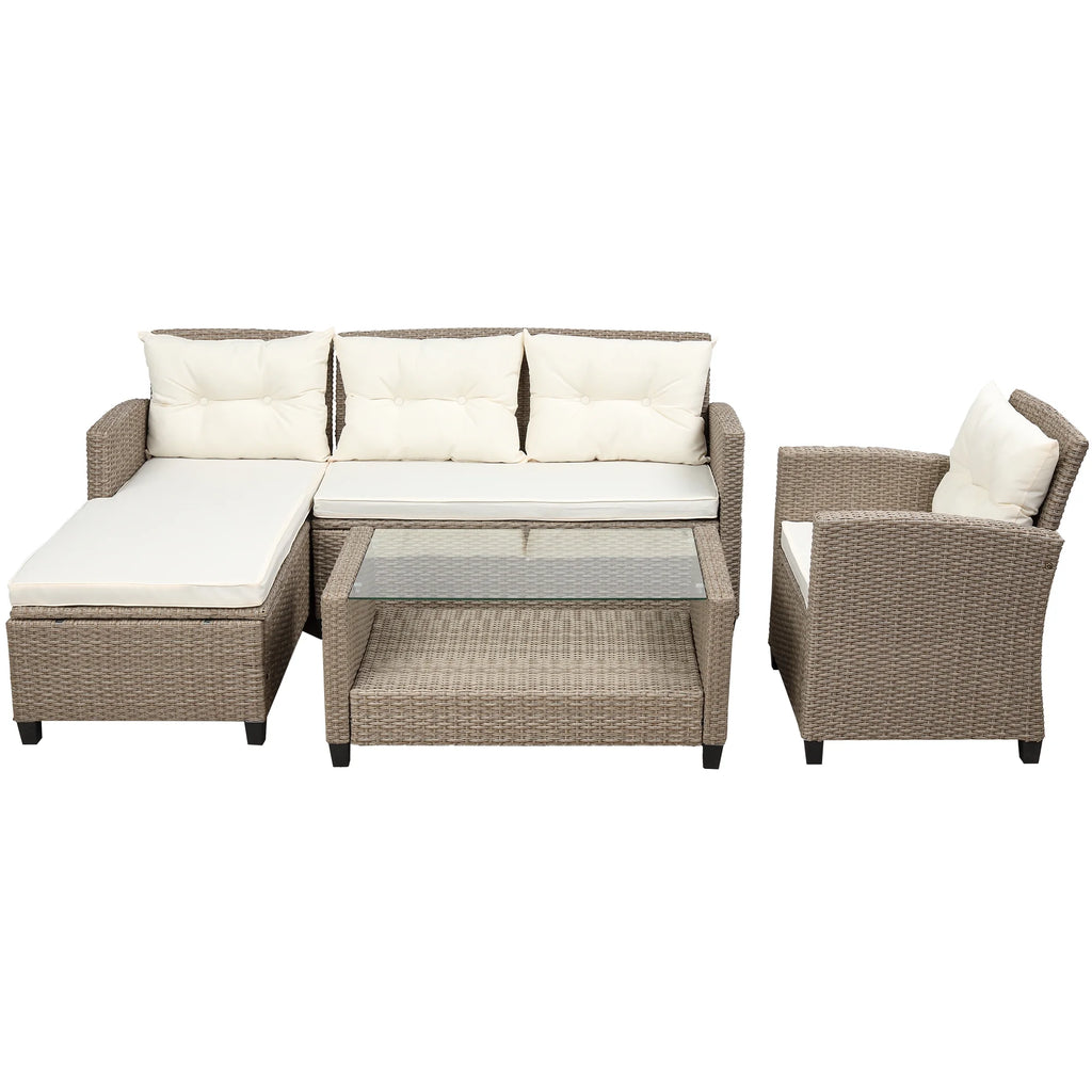 Beige Brown 4 Piece Wicker Rattan Sectional Sofa U88446