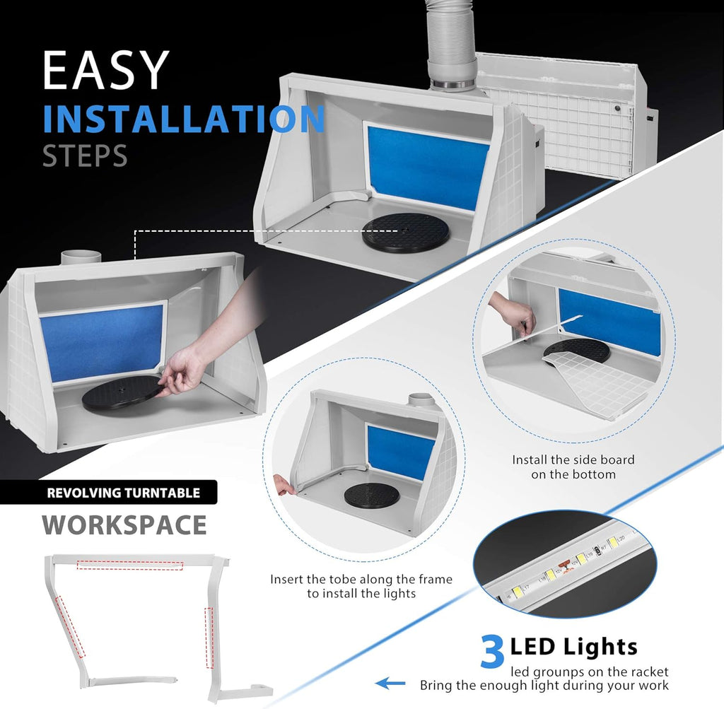 Gray Portable Airbrush Paint Spray Booth Kit with LED Lights Turn Table and Filter Hose A157932