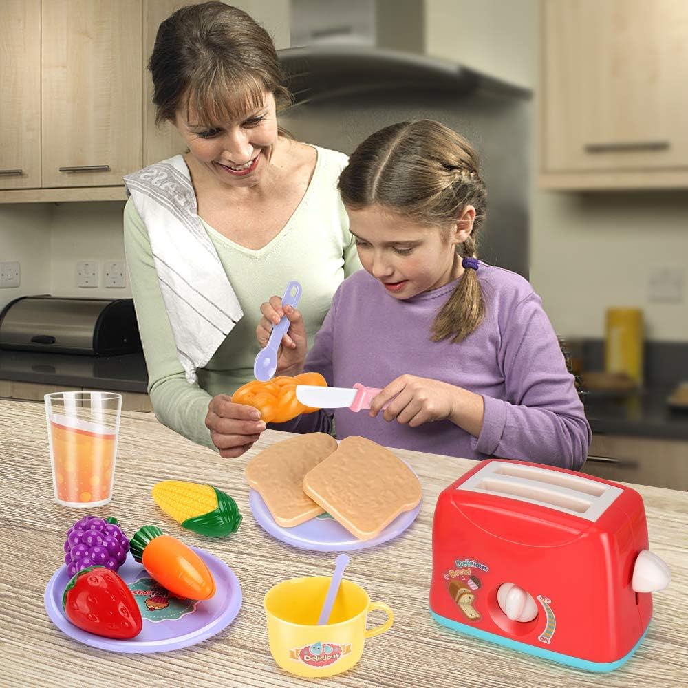 Kids Assorted Kitchen Appliance Toys, Pretend Kitchen Toy Set Includes Coffee Maker, Blender and Toaster, Cutting Play Food and Kitchen Utensils Accessories Q9317