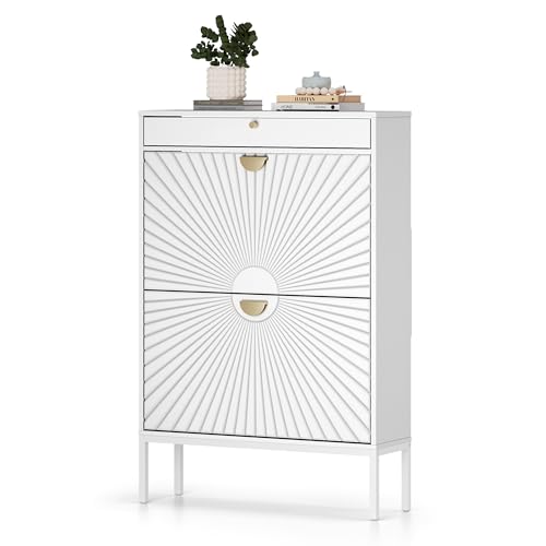 White Shoe Cabinet with 2 Drawers and Adjustable Shelf O38601