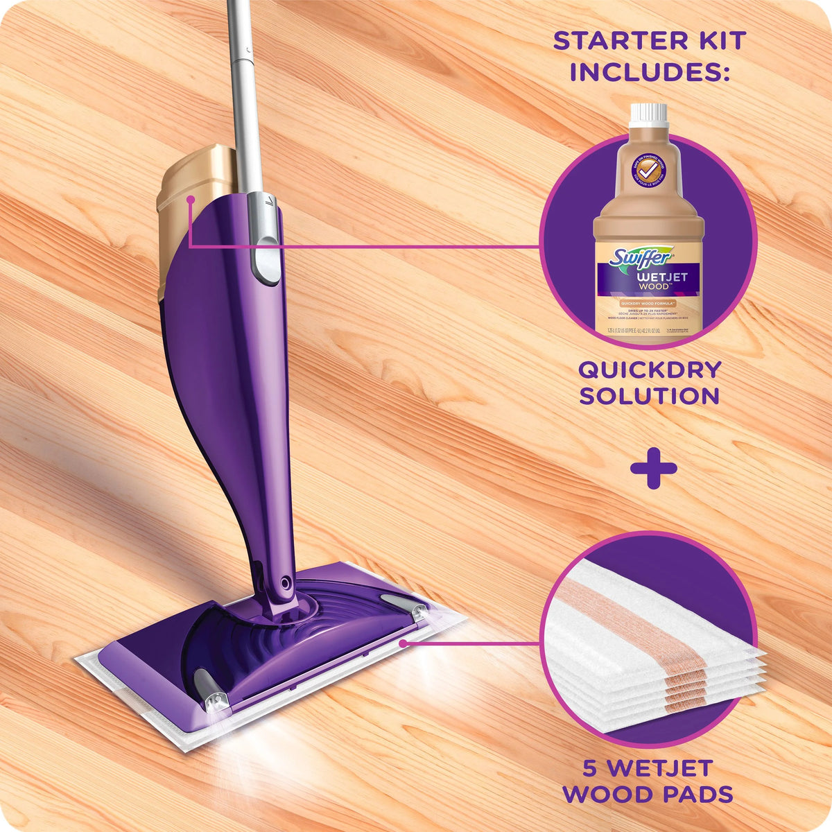 Wood Mop Starter Kit (1 Mop, 5 Pads, 1 Floor Cleaning Solution) B1777