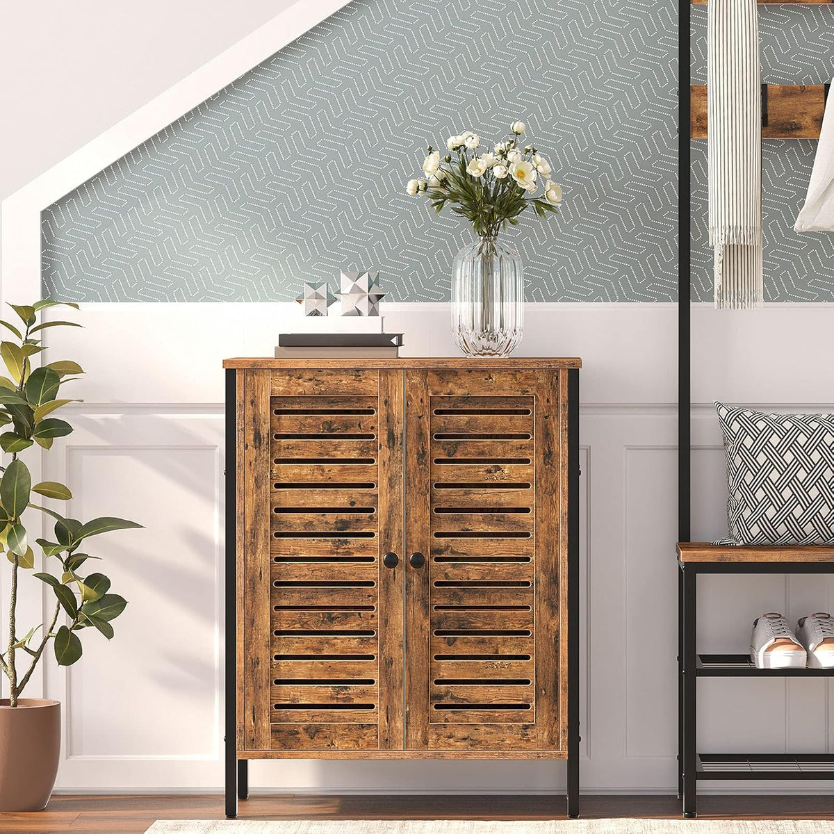 Rustic Brown Bathroom Cabinet with 2 Adjustable Shelves and Louver Doors R94024