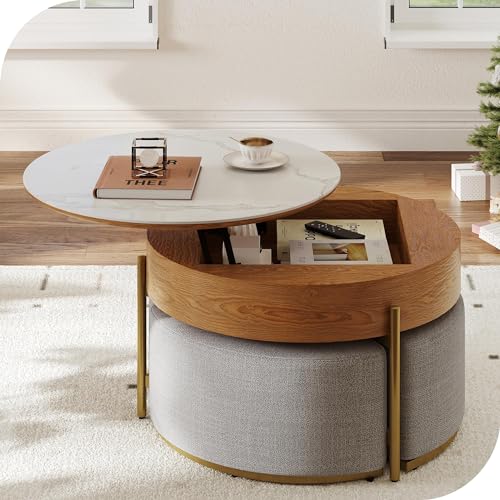 32" Round Marbling Pattern Slate Lift Top Coffee Table Set with Storage K681
