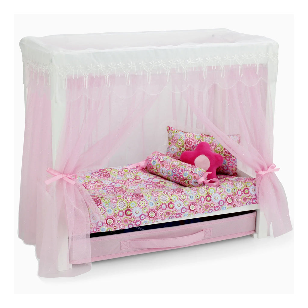 18 Inch Doll Canopy Single Bed with Doll Clothes Storage Drawer and 5 Piece Colorful Bedding Set W671960