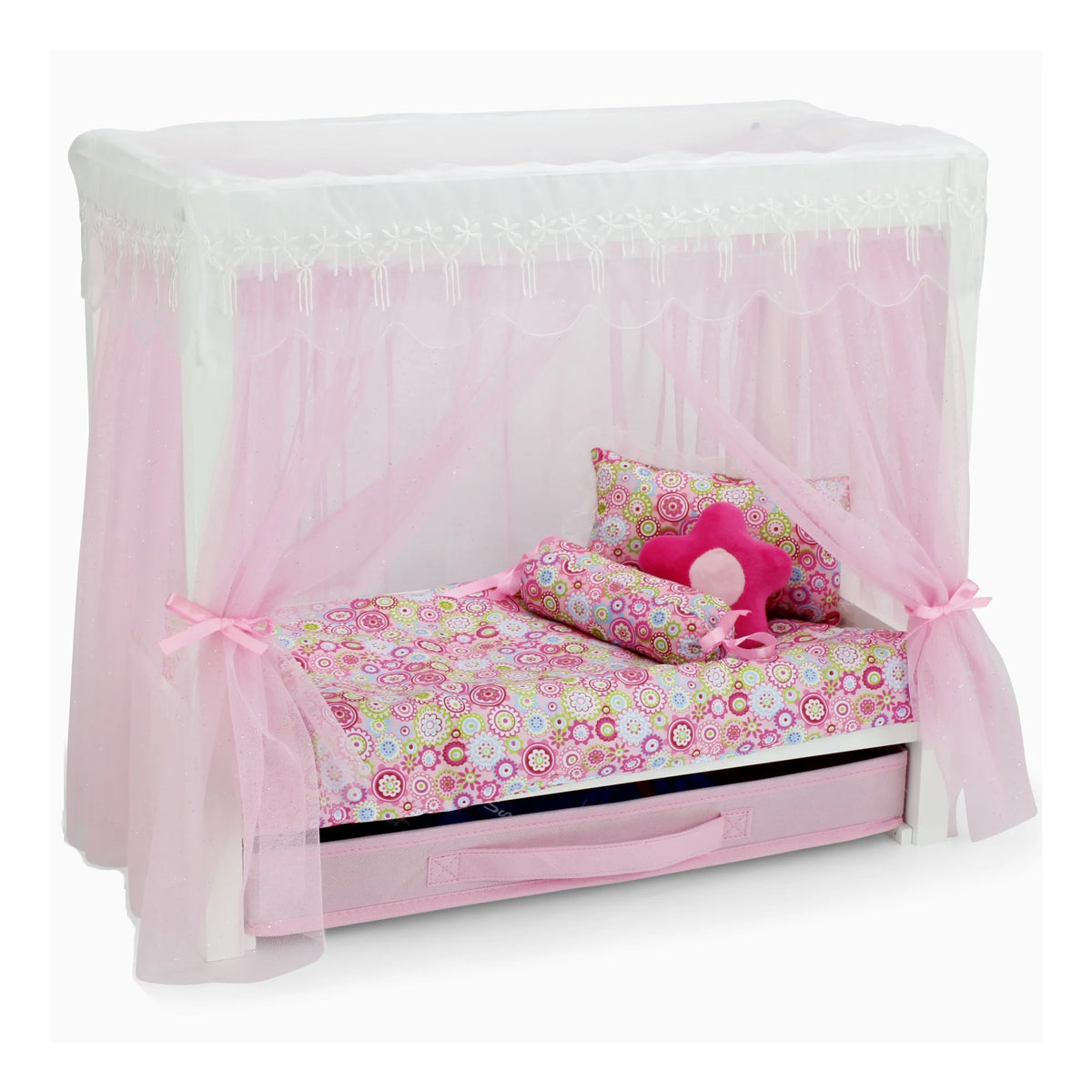 18 Inch Doll Canopy Single Bed with Doll Clothes Storage Drawer and 5 Piece Colorful Bedding Set W671960