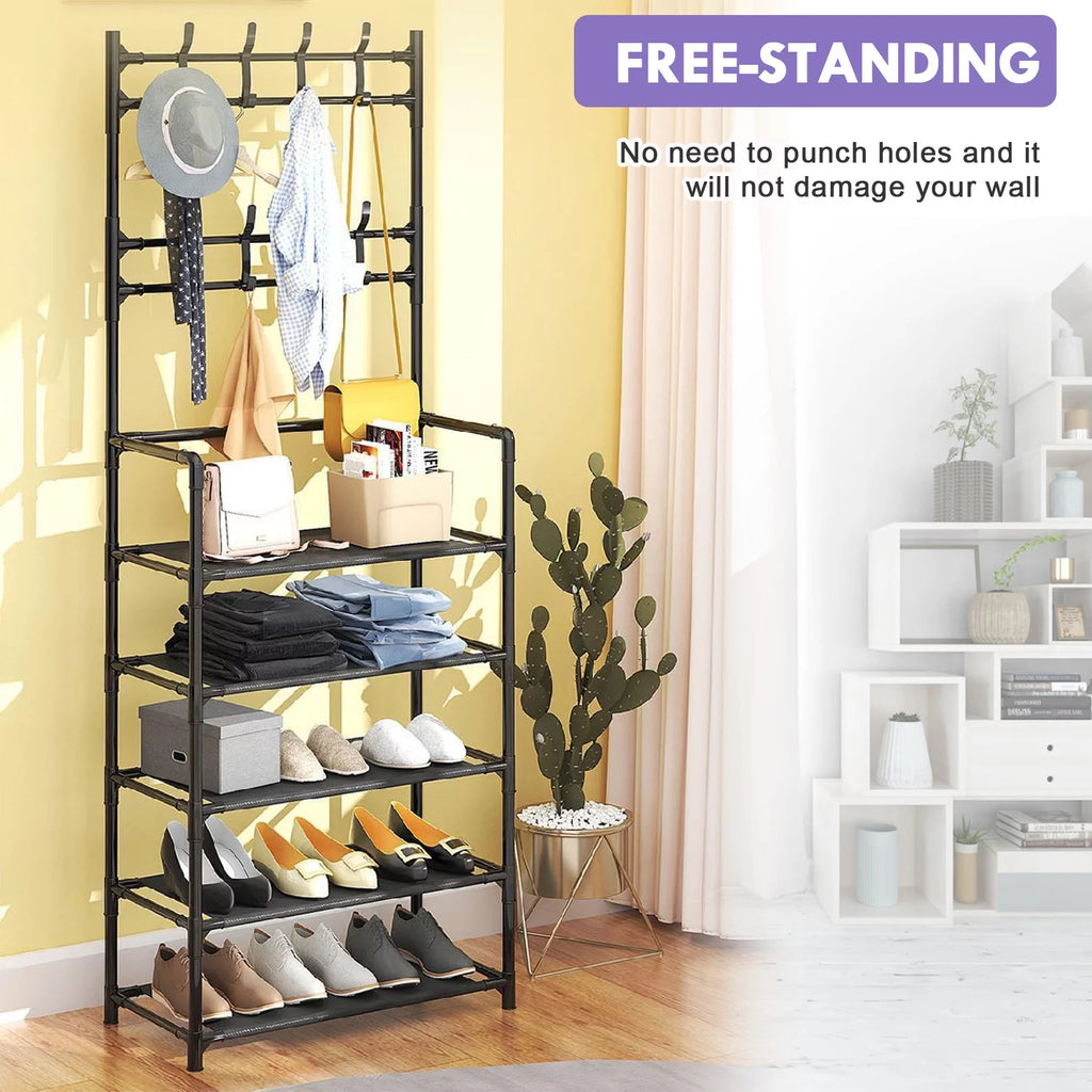 Coat Rack Stand with 5 Shelves Storage Black C12824