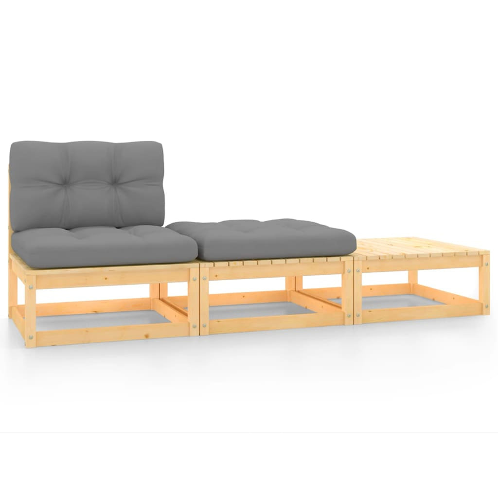 3 Piece Patio Lounge Set with Gray Cushions Middle Sofa and 2 Footstool Outdoor Sectional Sofa Set R3632