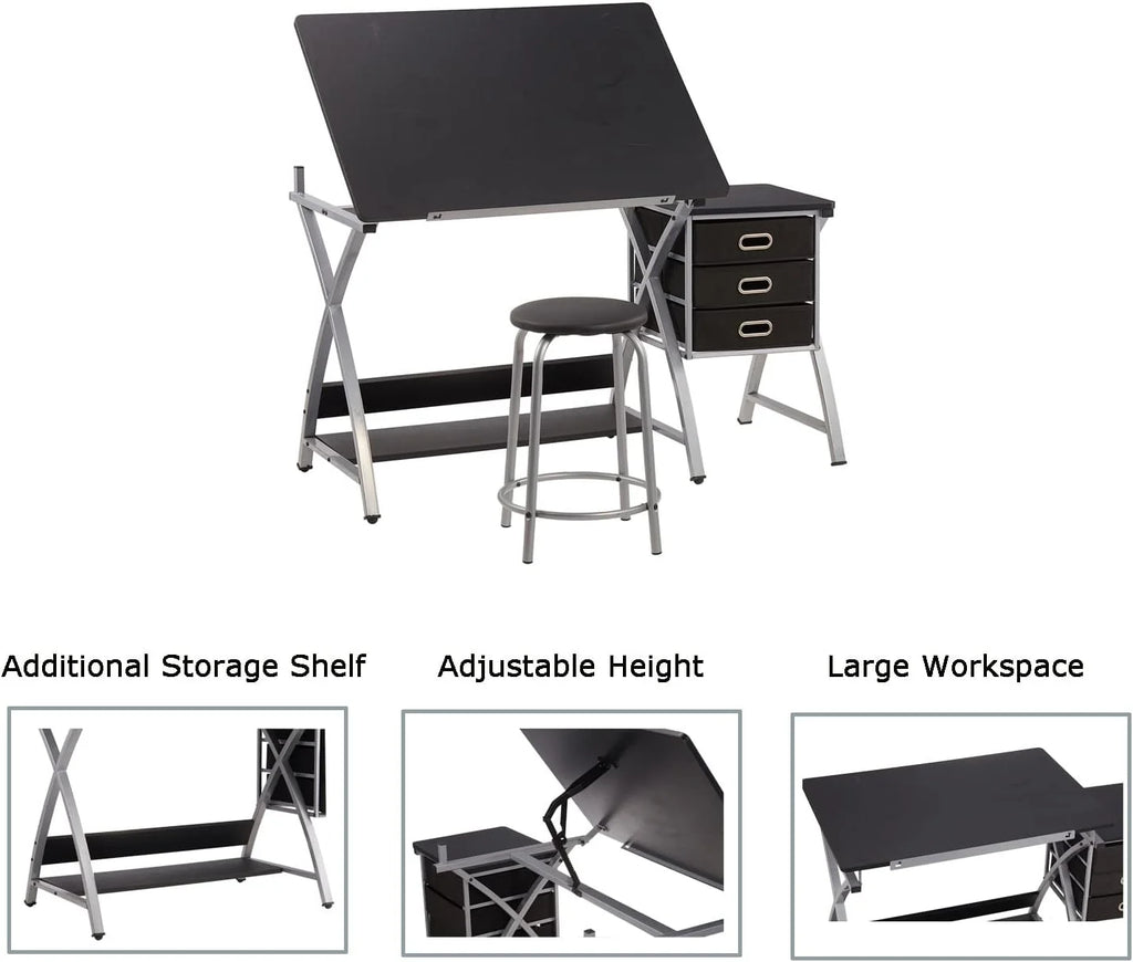 Adjustable Drafting Table with Stool and Storage Drawers, Black C15592