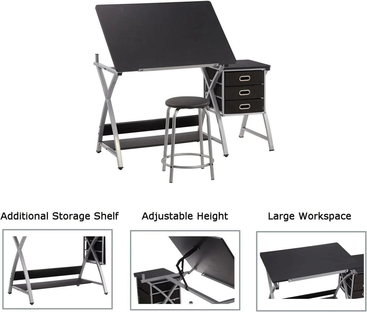 Adjustable Drafting Table with Stool and Storage Drawers, Black C15592