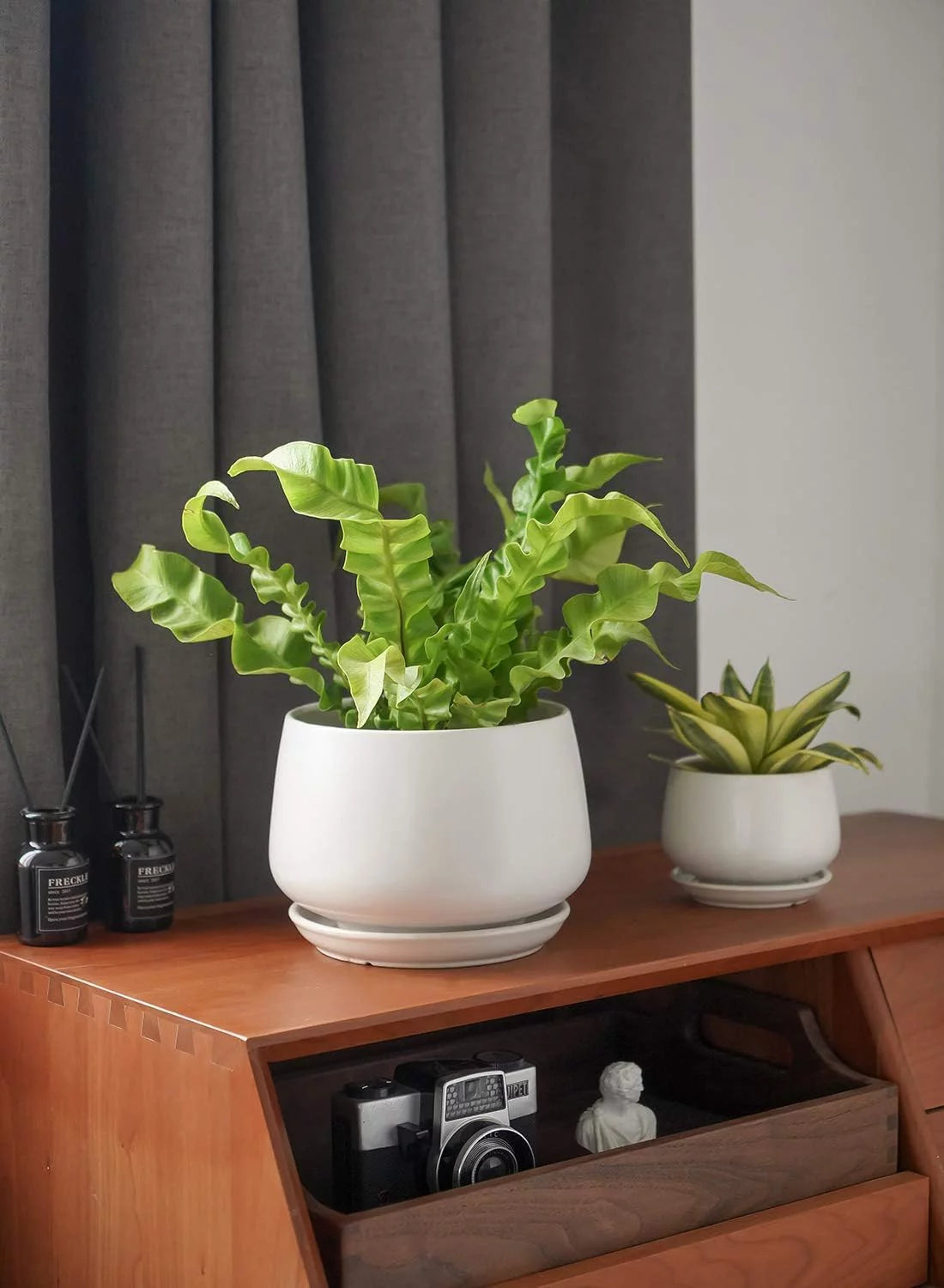4.1+5.1+6.5 Inch Ceramic Plant Pots with Drainage Hole and Saucer, Set of 3, White R9911