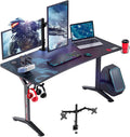Gaming Desk with Dual Monitor Mount, Carbon Fiber Surface Computer Gamer Desk with Full Desk Mouse Pad, Ergonomic Y Shaped Gamer Table with Outlet Organizer, Gaming Rack A5763